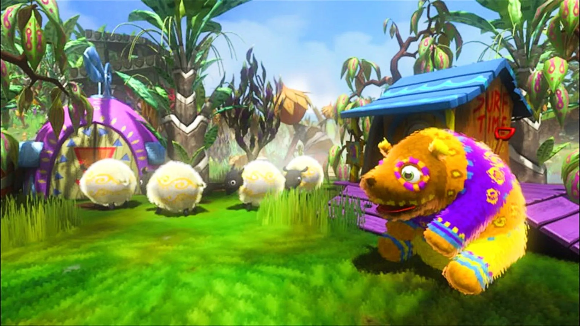 Gấu piñata và cừu piñata dễ thương ngồi trên cánh đồng cỏ xanh mướt gần chuồng thú trong Viva Piñata.