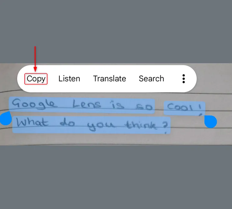 Ghi chú viết tay đang được Google Lens quét và hiển thị tùy chọn sao chép