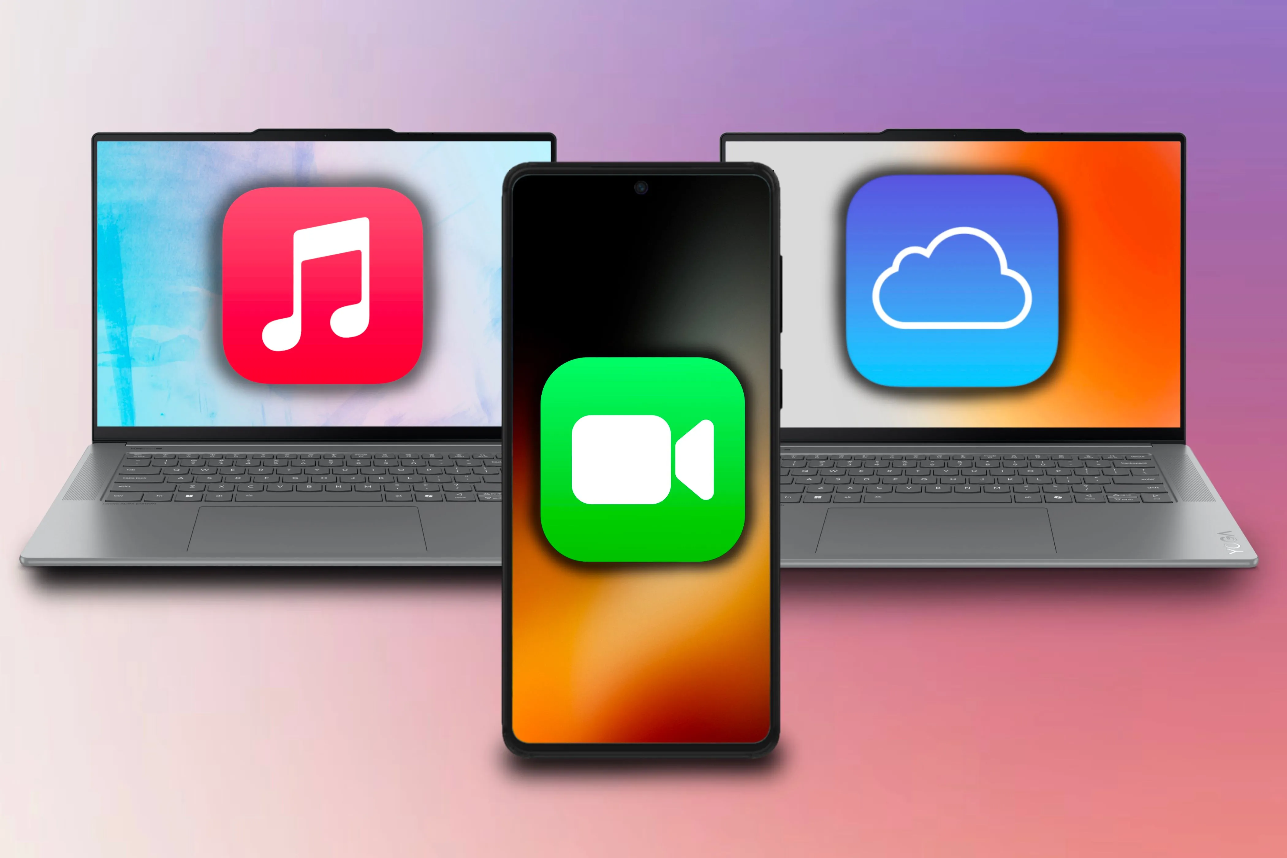 Giao diện Apple Music, iCloud trên laptop Windows và FaceTime trên điện thoại Android, thể hiện sự mở rộng dịch vụ Apple sang các nền tảng khác.