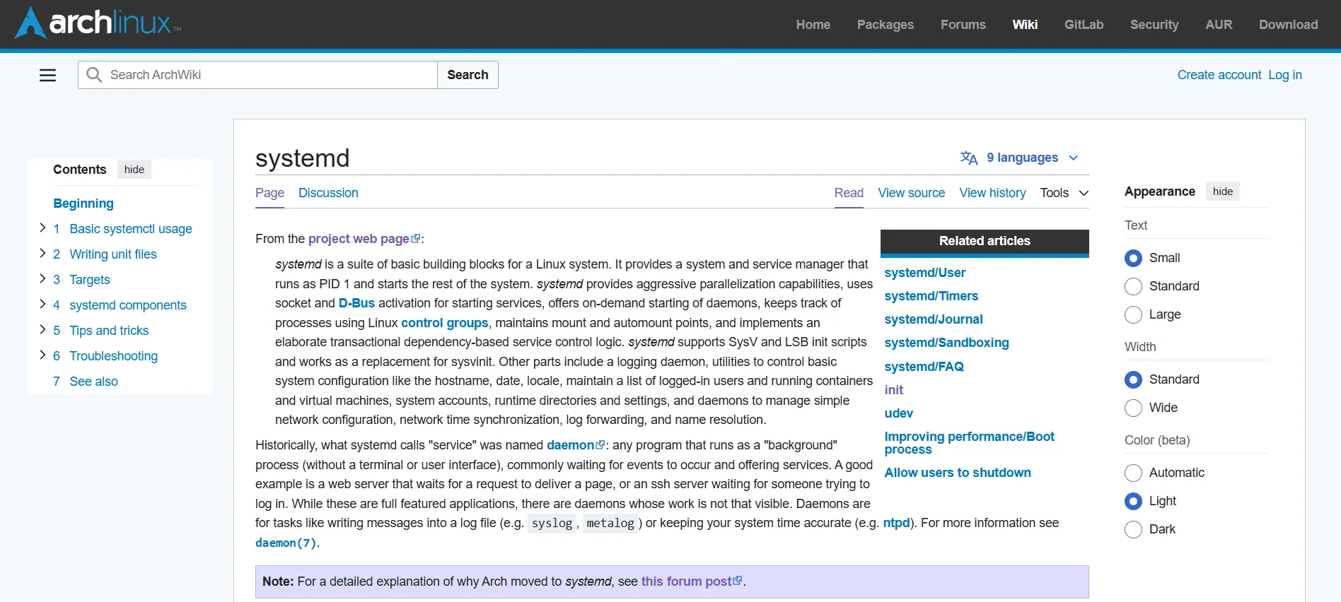 Giao diện bài viết về systemd trên Arch Wiki, minh họa sự hỗ trợ và tích hợp sâu rộng