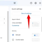 Giao diện cài đặt Gmail trên máy tính với biểu tượng bánh răng được khoanh vùng đỏ