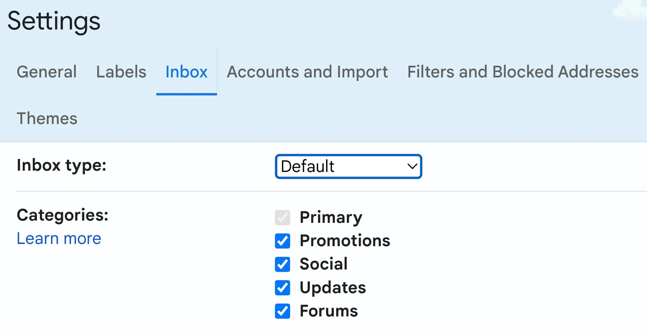 Giao diện cài đặt Hộp thư đến Gmail với mục Phân loại (Categories) đang được bật
