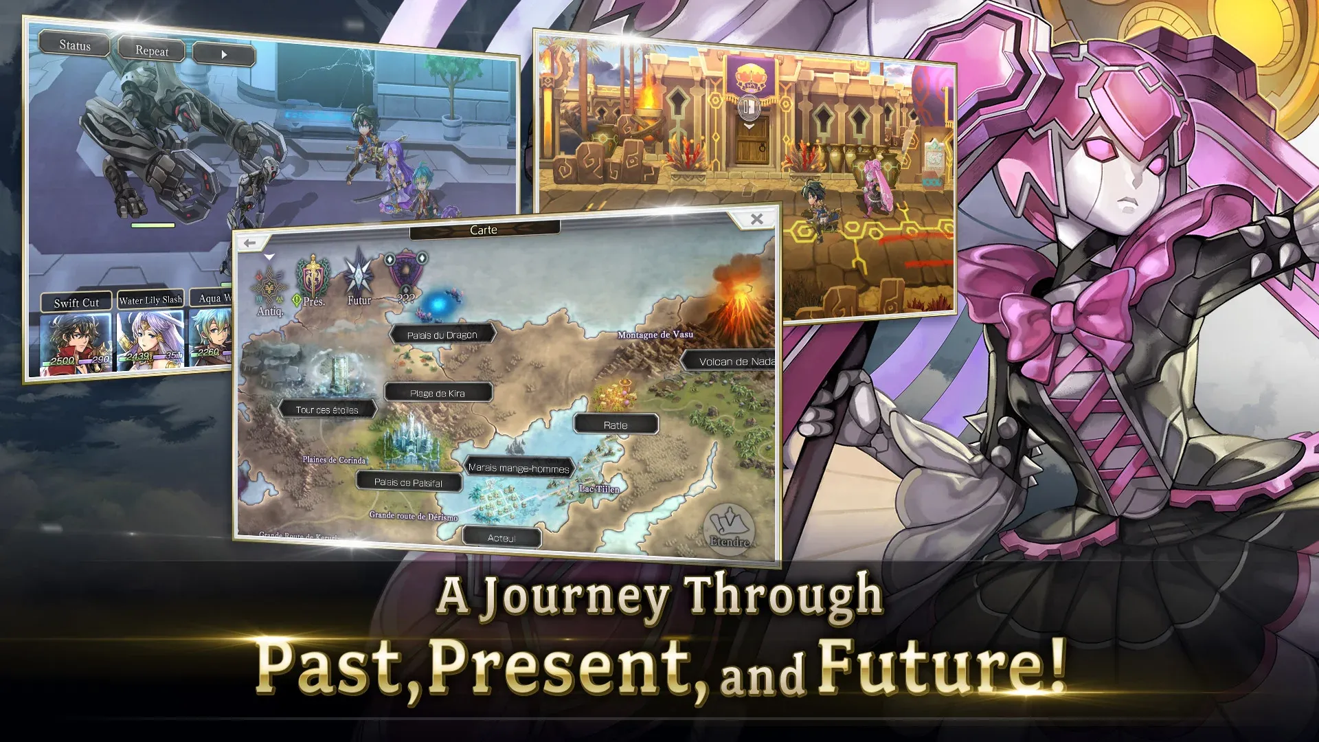 Giao diện chiến đấu của Another Eden, hiển thị các nhân vật và lựa chọn kỹ năng trong trận đánh