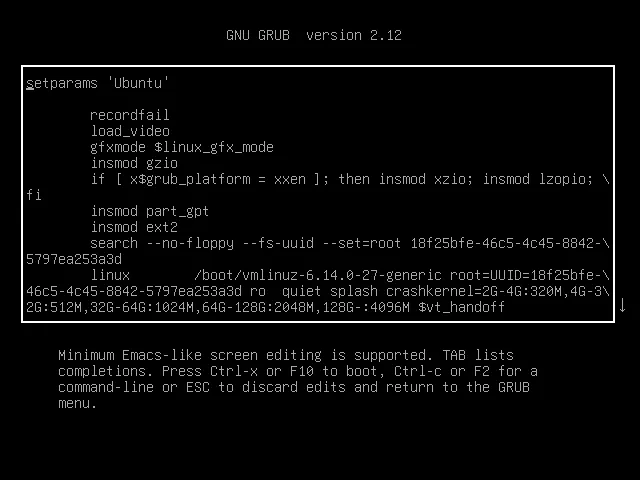 Giao diện chỉnh sửa tham số khởi động GRUB trên Ubuntu để khắc phục sự cố hệ thống.
