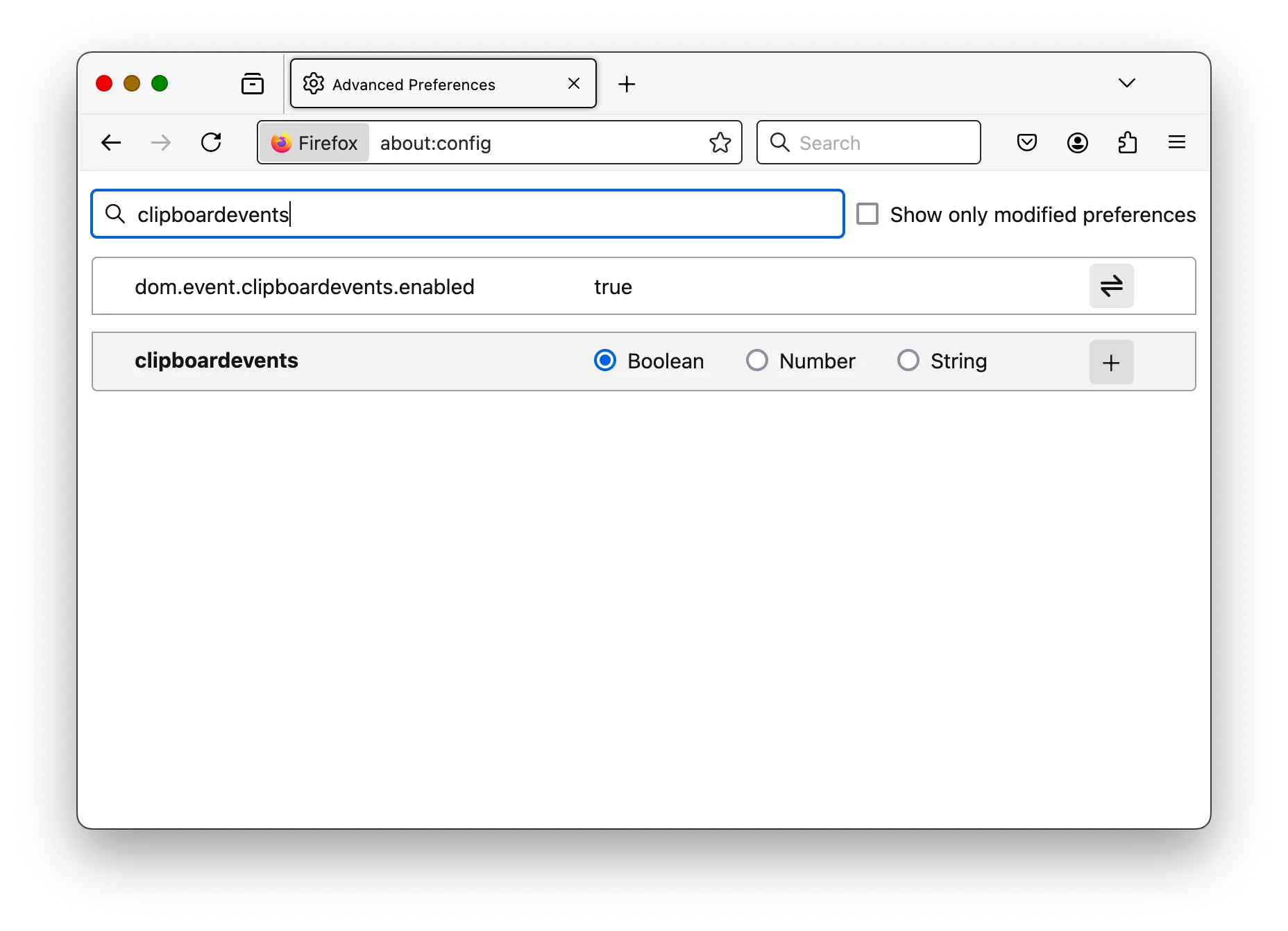 Giao diện chỉnh sửa và tìm kiếm tùy chọn trong trình biên tập cấu hình about:config của Firefox.