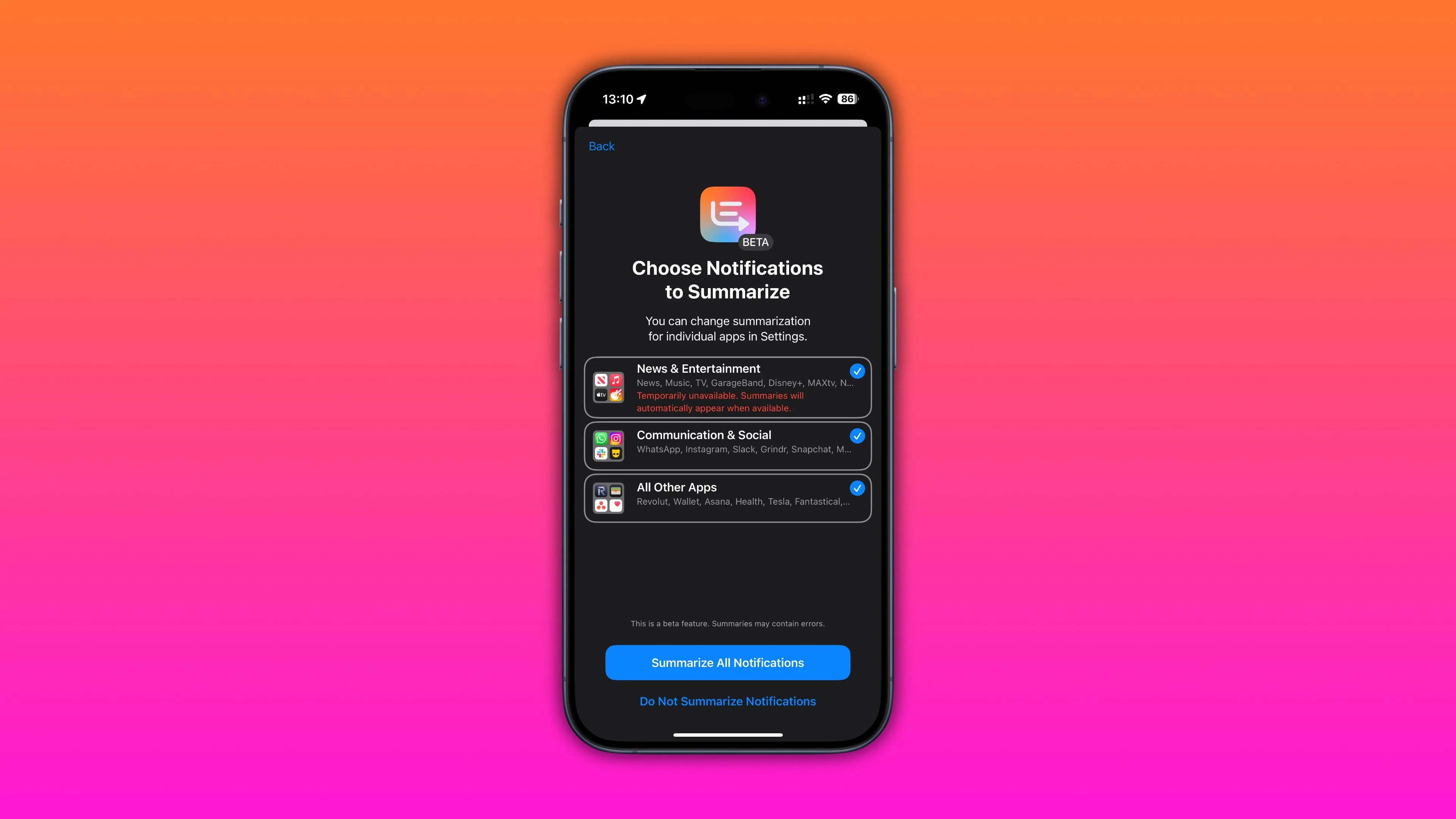 Giao diện chọn ứng dụng để tóm tắt thông báo trong cài đặt iPhone với iOS 18.3
