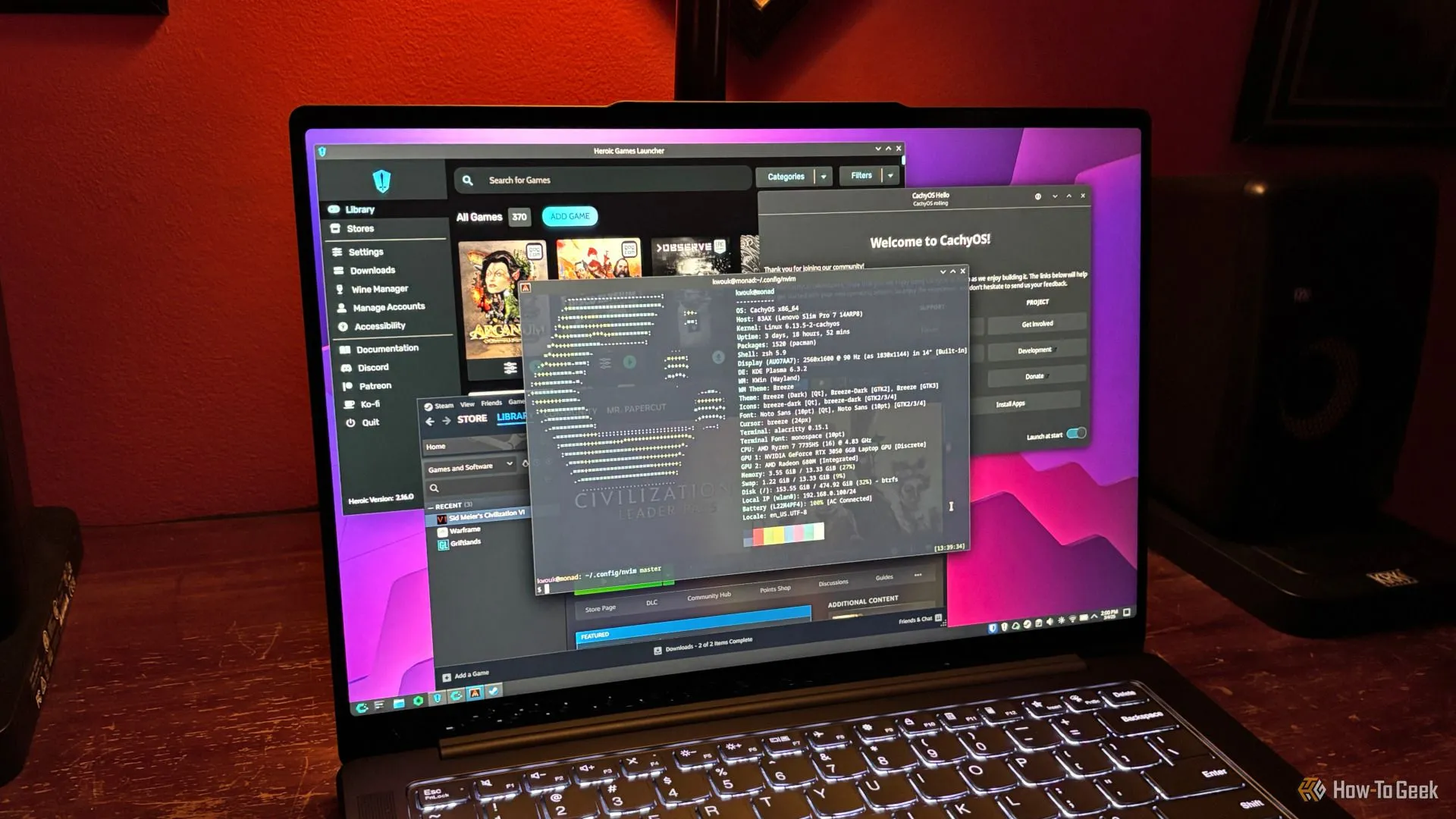 Giao diện desktop của hệ điều hành CachyOS dựa trên Arch Linux, hiển thị Steam và Heroic Games Launcher, nhấn mạnh việc tối ưu cho game thủ Linux.