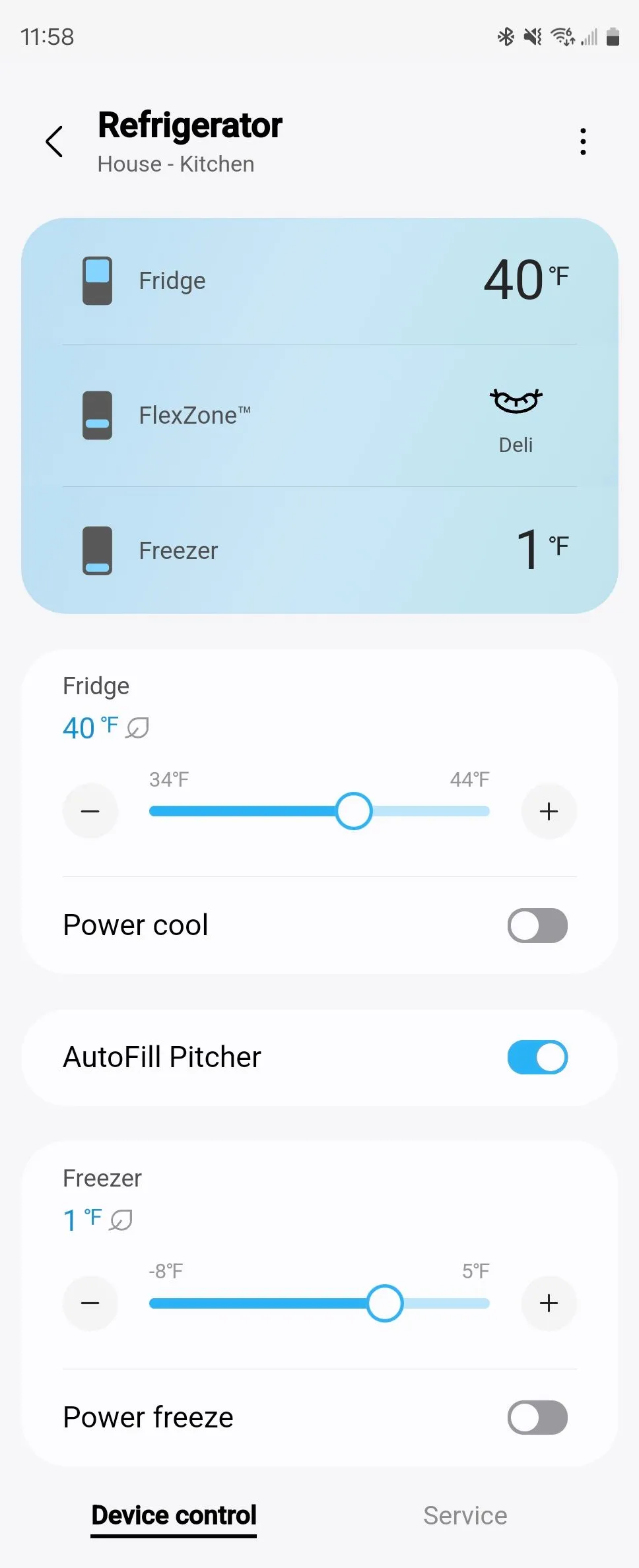 Giao diện điều khiển tủ lạnh trong ứng dụng Samsung SmartThings trên điện thoại Android