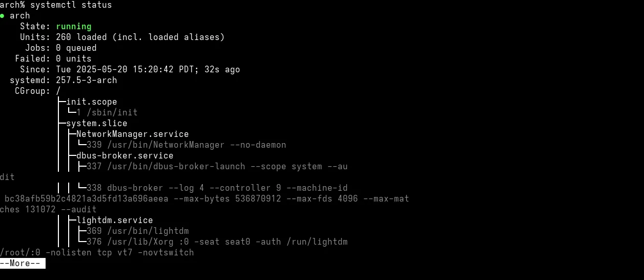 Giao diện dòng lệnh hiển thị trạng thái dịch vụ qua systemctl trên Arch Linux