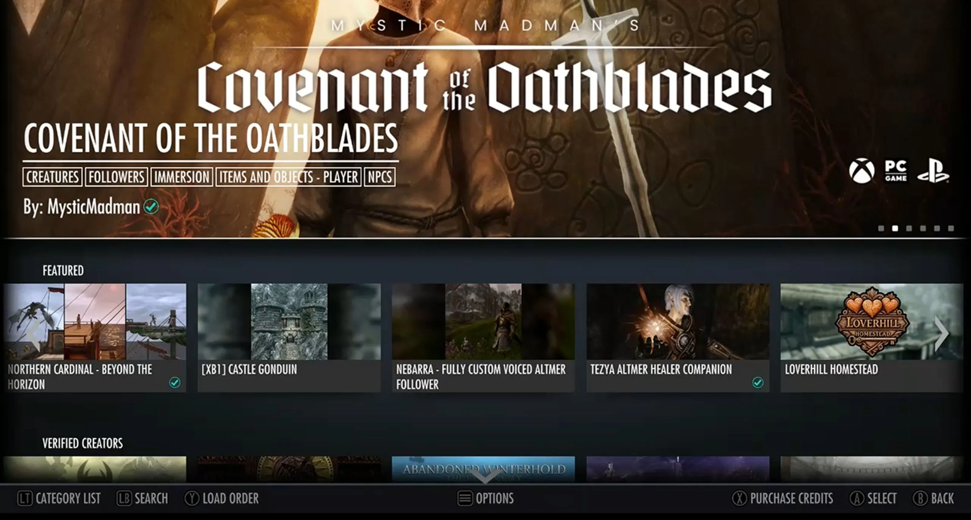 Giao diện duyệt mod Bethesda.net trong The Elder Scrolls V: Skyrim Special Edition trên Xbox One, minh họa nền tảng mod console.