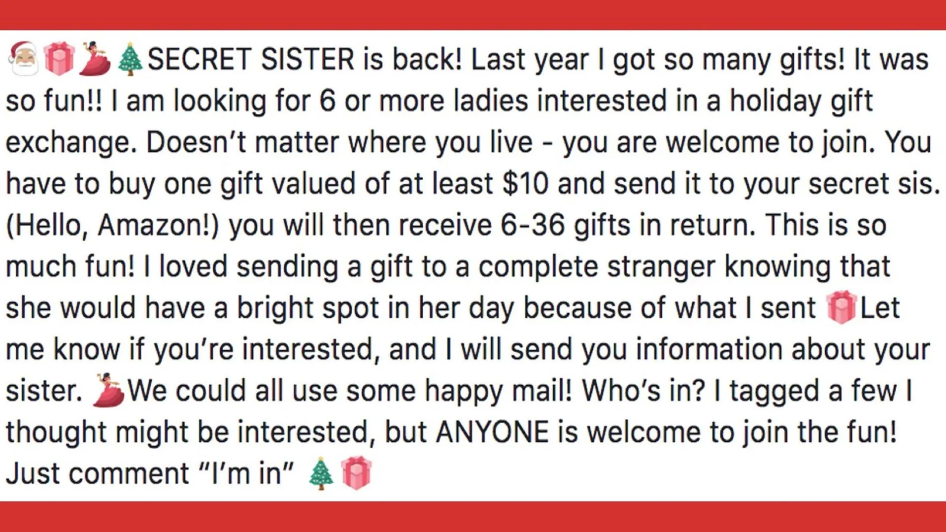 Giao diện Facebook với thông báo về trò lừa đảo Secret Sister, một hình thức lừa đảo quà tặng qua mạng xã hội.