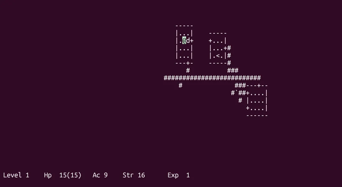 Giao diện game Hack phiên bản BSD đang chạy trên terminal Linux.