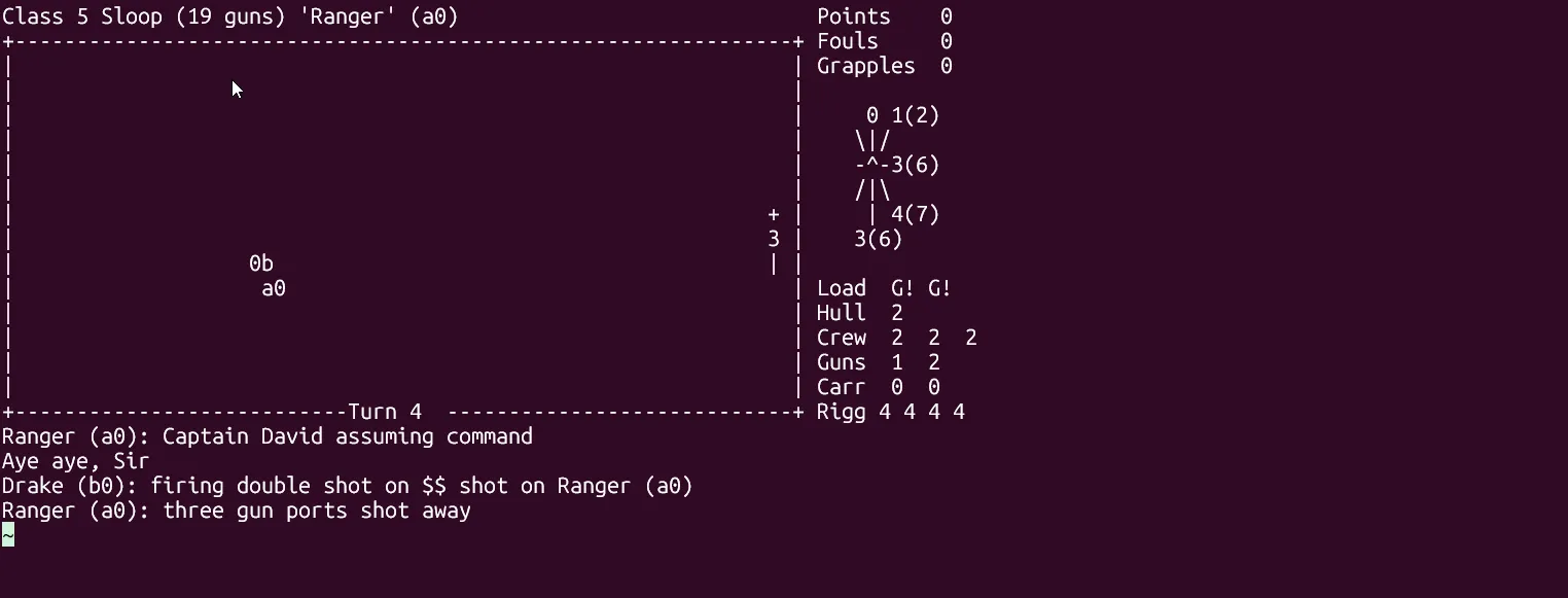 Giao diện game hải chiến Sail trong quá trình chơi trên terminal Linux.
