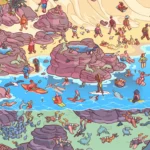 Giao diện game I Spy hiển thị cảnh tượng đông đúc với nhiều nhân vật nhỏ, nơi người chơi cần tìm kiếm các đối tượng được yêu cầu, minh họa trò chơi tìm kiếm trên trình duyệt tương tự Where's Waldo.