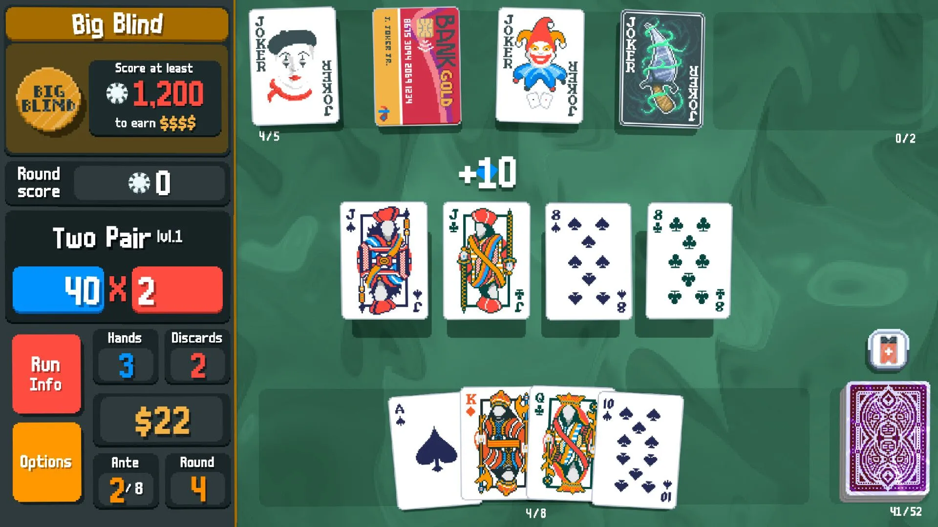 Giao diện gameplay điển hình của Balatro, minh họa sự kết hợp độc đáo giữa poker và xây dựng bộ bài.