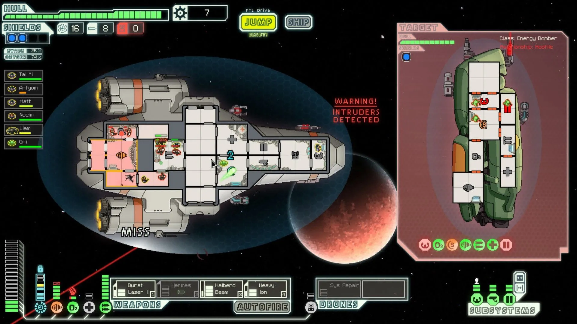 Giao diện gameplay FTL: Faster Than Light, hiển thị tàu không gian của bạn và tàu địch trong cuộc chiến chiến thuật