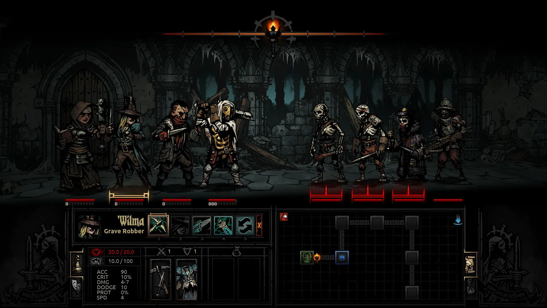 Giao diện gameplay thử thách của tựa game Darkest Dungeon