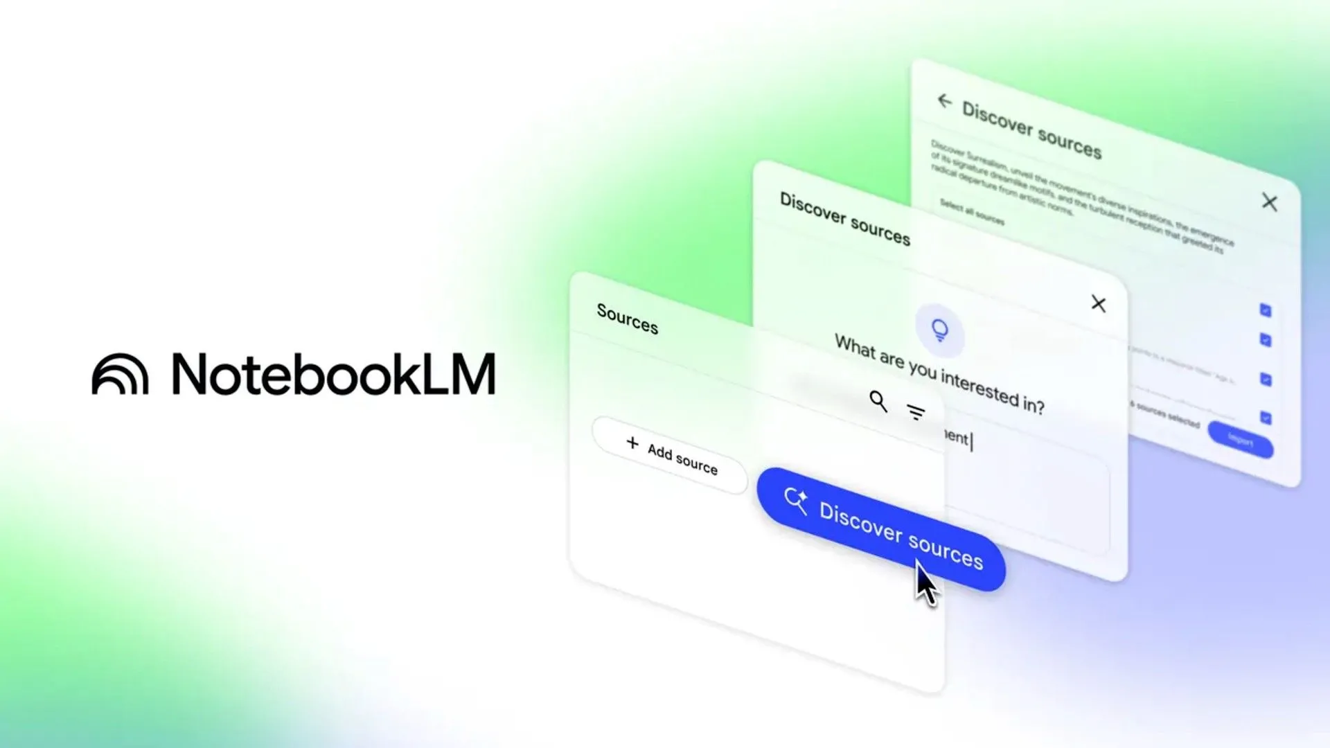 Giao diện Google NotebookLM với logo và các gợi ý tính năng, minh họa công cụ nghiên cứu hỗ trợ AI mới có khả năng tìm kiếm và đề xuất nguồn tài liệu.