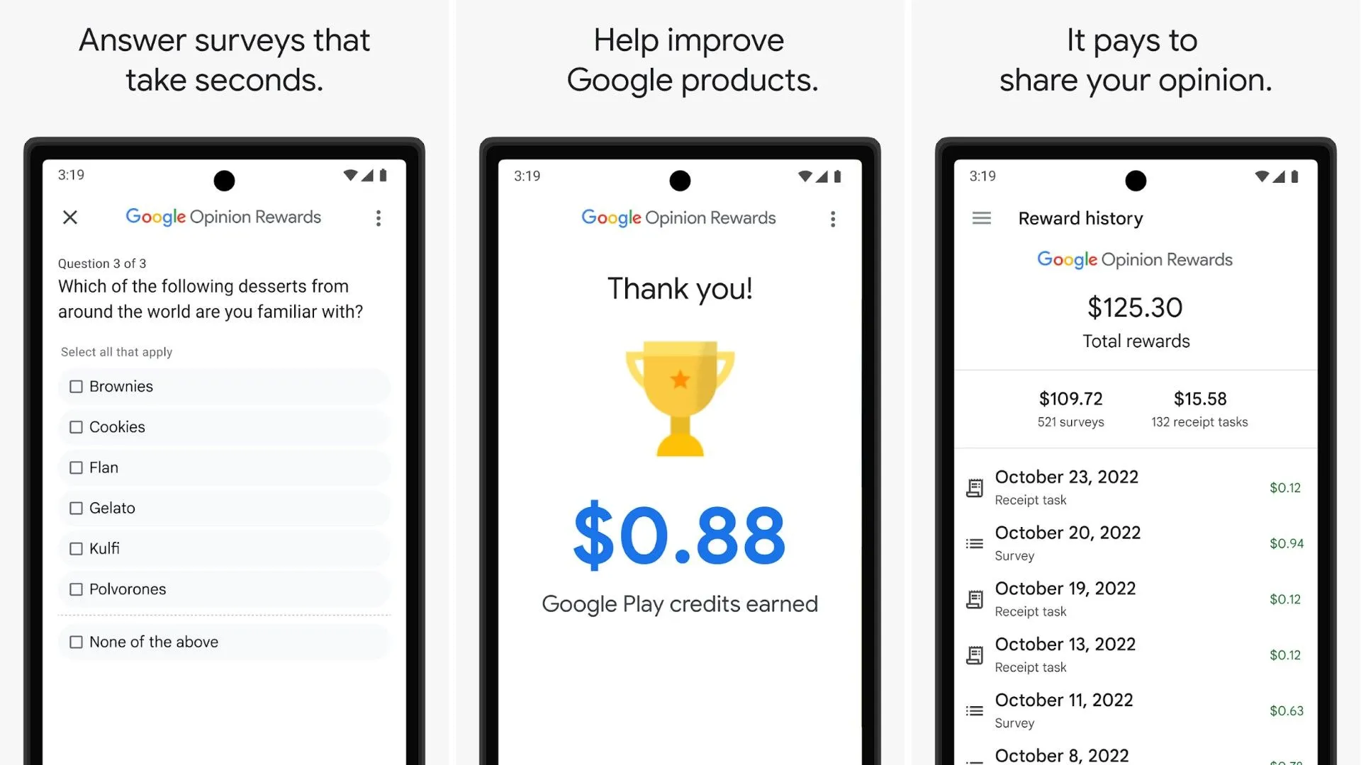 Giao diện Google Opinion Rewards hiển thị phần thưởng từ việc hoàn thành các khảo sát ngắn