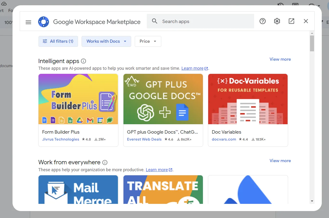 Giao diện Google Workspace Marketplace, nơi người dùng có thể tìm và cài đặt các tiện ích mở rộng cho Google Docs.