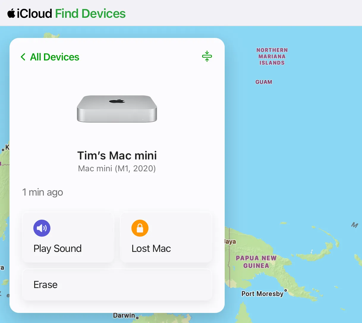Giao diện iCloud.com/find hiển thị các bước để xóa và gỡ bỏ một thiết bị Mac Mini khỏi tài khoản iCloud, giúp tắt Activation Lock.
