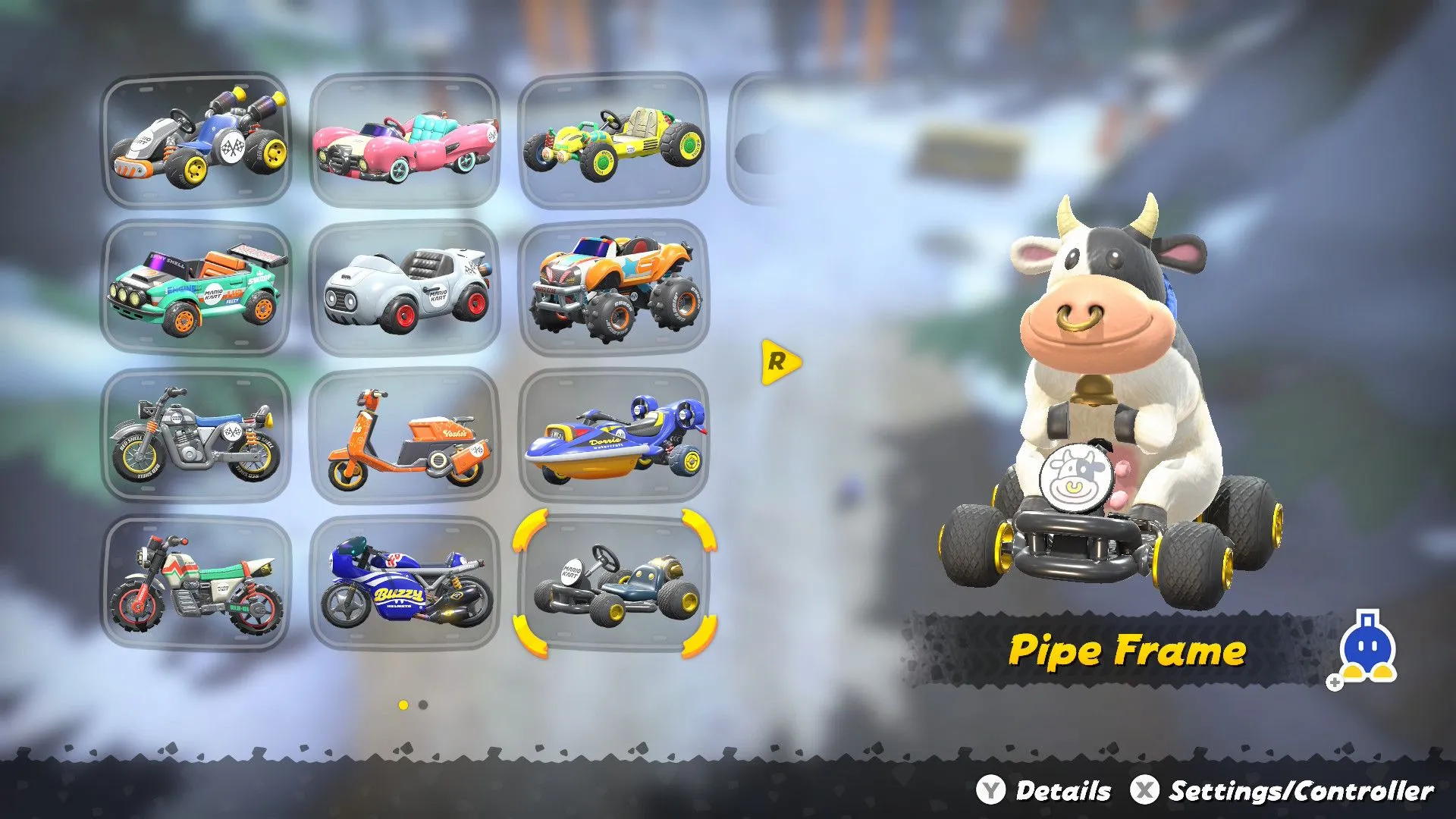 Giao diện lựa chọn xe và nhân vật trước một cuộc đua trong Mario Kart World, với đa dạng tùy chọn phương tiện.