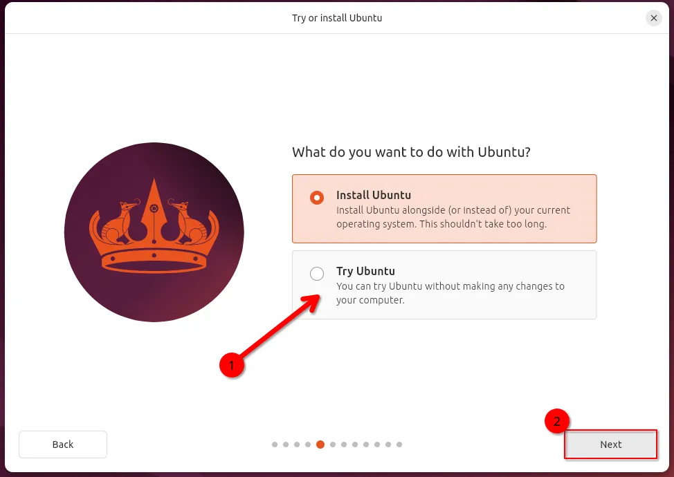 Giao diện môi trường Live của Ubuntu 24.04, với tùy chọn &quot;Try Ubuntu&quot; được đánh dấu, cho phép người dùng dùng thử hệ điều hành mà không cần cài đặt, rất hữu ích trước khi quyết định chuyển đổi.