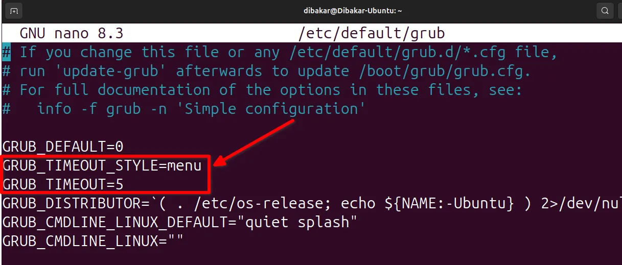 Giao diện nano chỉnh sửa tập tin cấu hình GRUB hiển thị các tùy chọn GRUB_TIMEOUT_STYLE và GRUB_TIMEOUT.