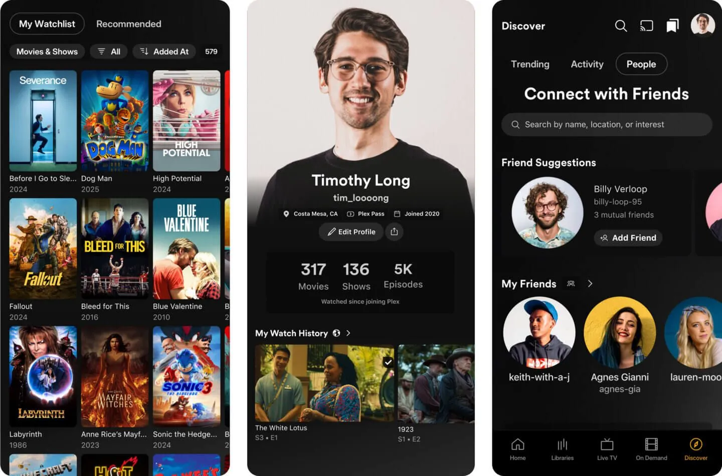 Giao diện người dùng mới của ứng dụng Plex trên Android và iOS với các tab điều hướng Home, Thư viện, TV Trực tiếp, Theo yêu cầu và Khám phá