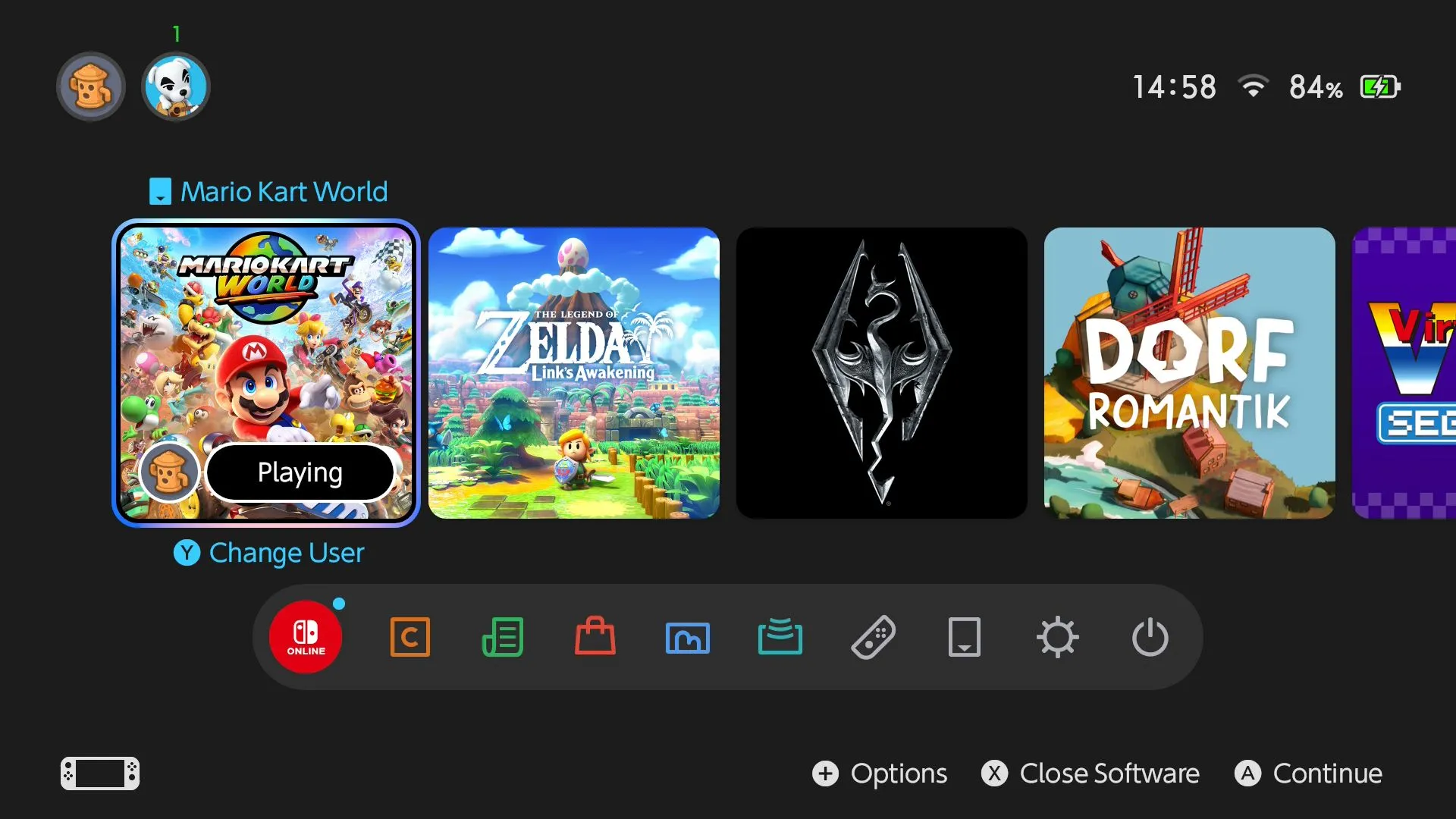 Giao diện người dùng Nintendo Switch 2 sau khi chuyển dữ liệu, hiển thị các biểu tượng game và hồ sơ đã được đồng bộ.