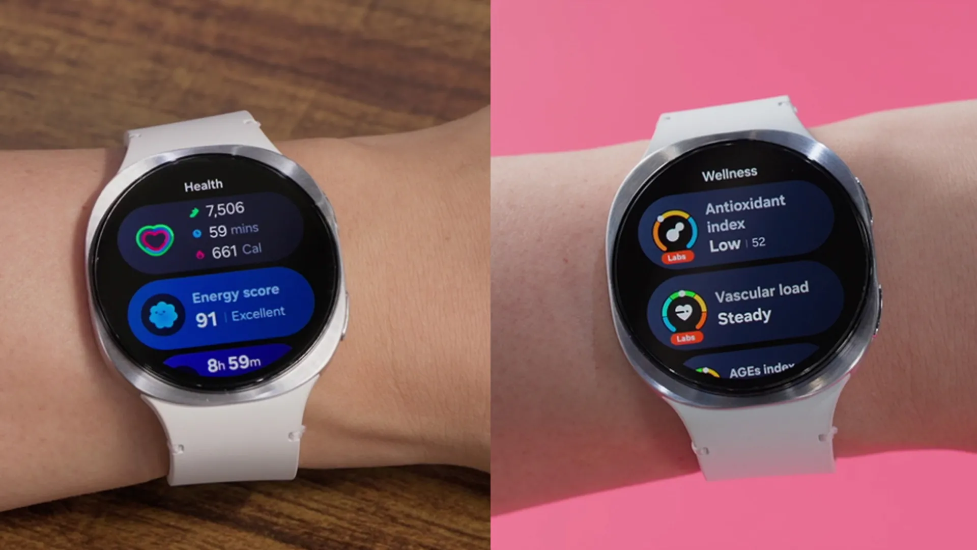 Giao diện One UI Watch 8 mới của Samsung Galaxy Watch 8 với các ô thông tin đa nhiệm và tính năng theo dõi sức khỏe