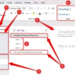 Giao diện OneNote minh họa với các thành phần chính được đánh số và làm nổi bật.