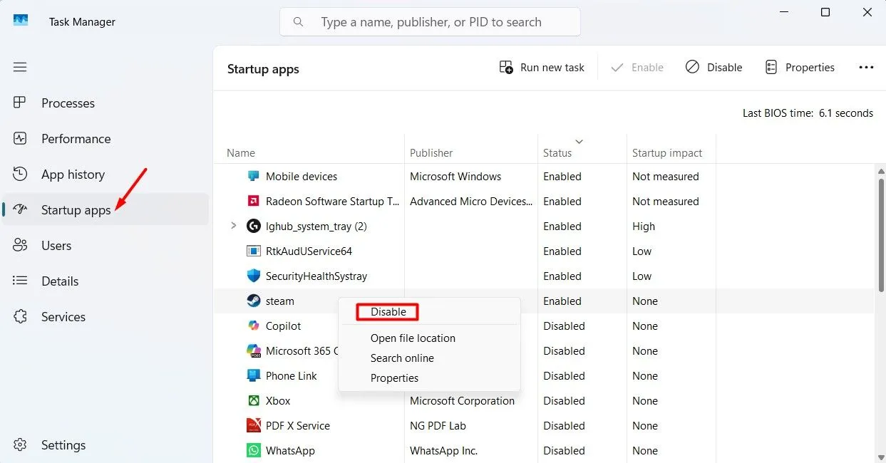Giao diện Quản lý Tác vụ hiển thị các ứng dụng khởi động cùng Windows