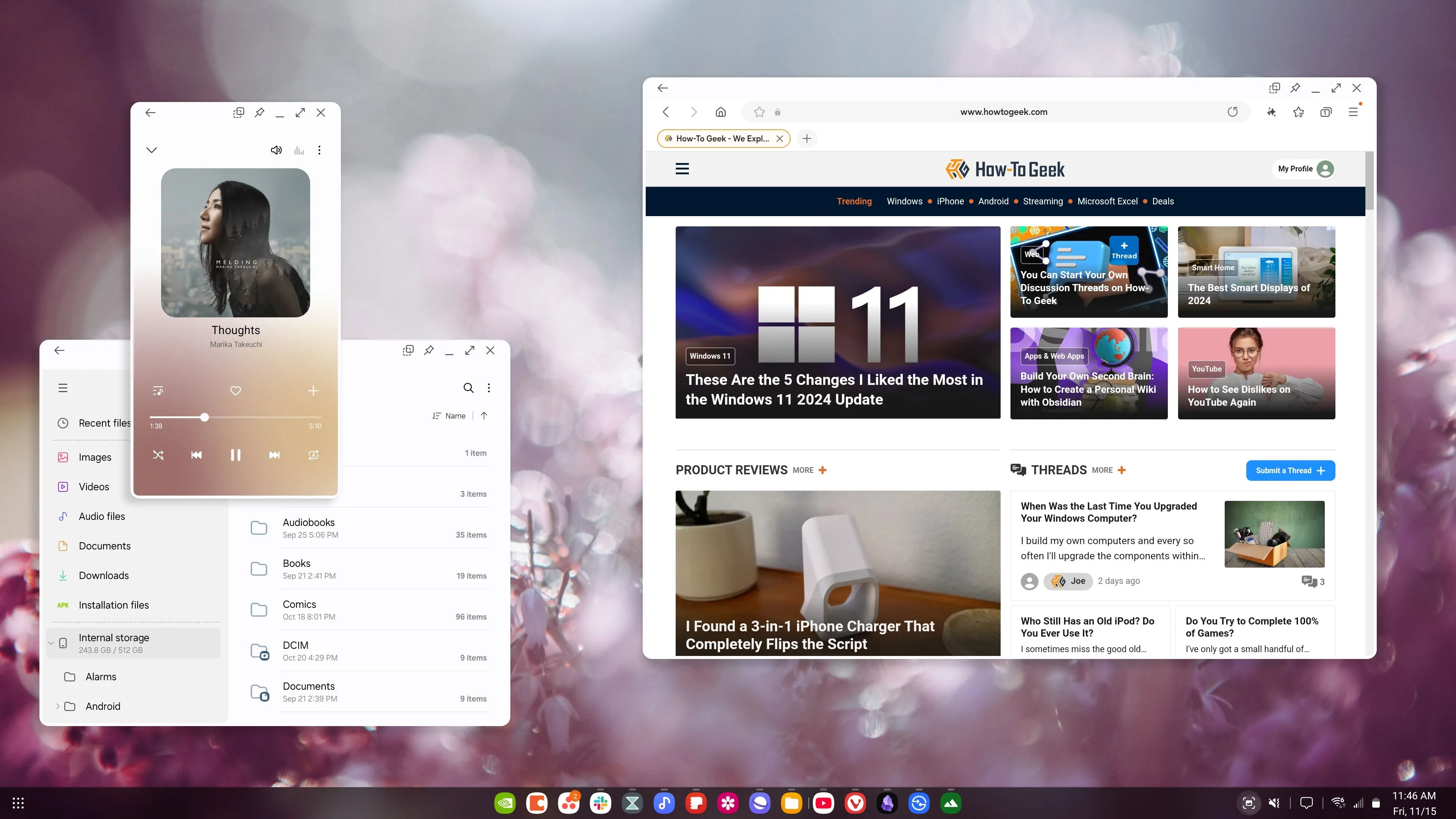 Giao diện Samsung DeX hiển thị nhiều ứng dụng đang mở, mô phỏng môi trường desktop