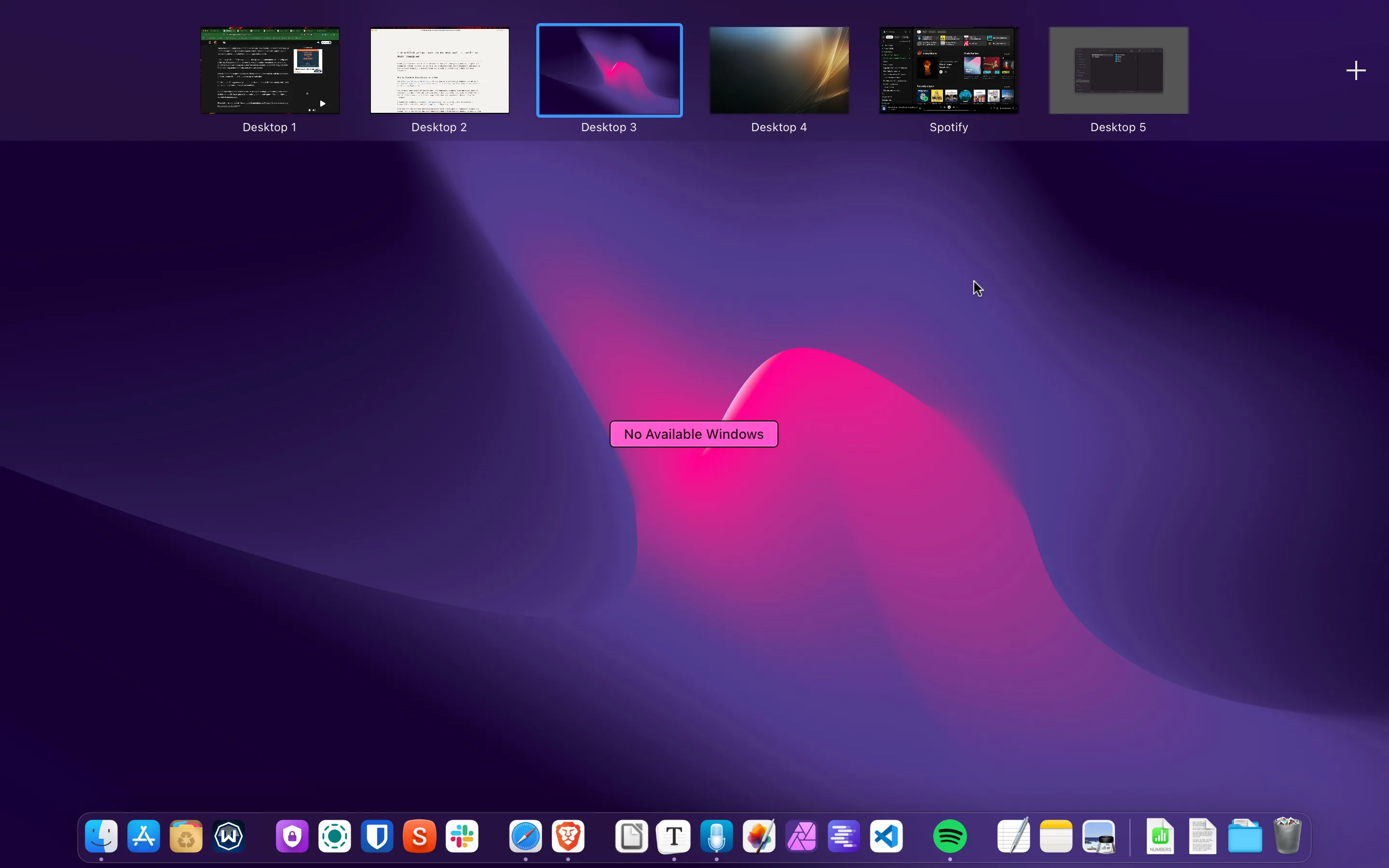 Giao diện Spaces (Không gian làm việc ảo) trong macOS, minh họa cách tổ chức và chuyển đổi giữa các màn hình làm việc để tăng hiệu quả đa nhiệm.