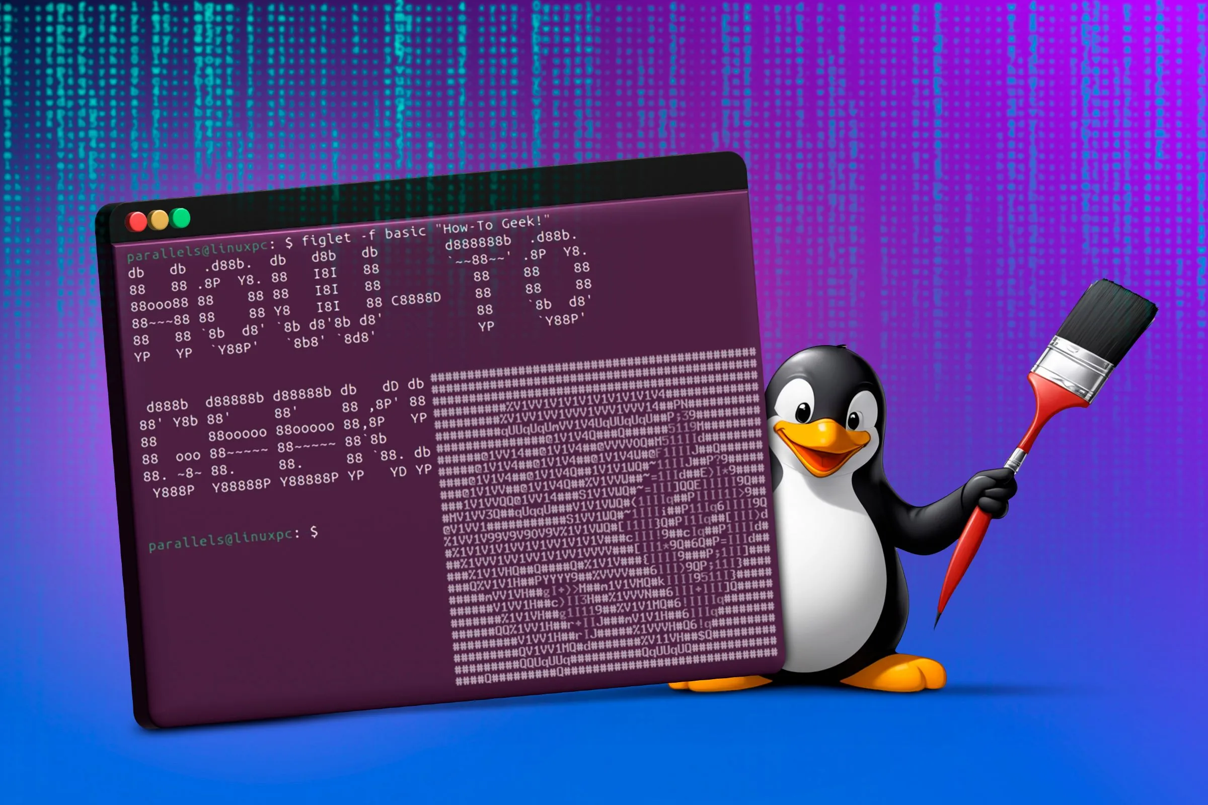 Giao diện terminal của Linux với linh vật Tux đang cầm cọ vẽ, tượng trưng cho khả năng tùy biến sâu rộng của hệ điều hành này.