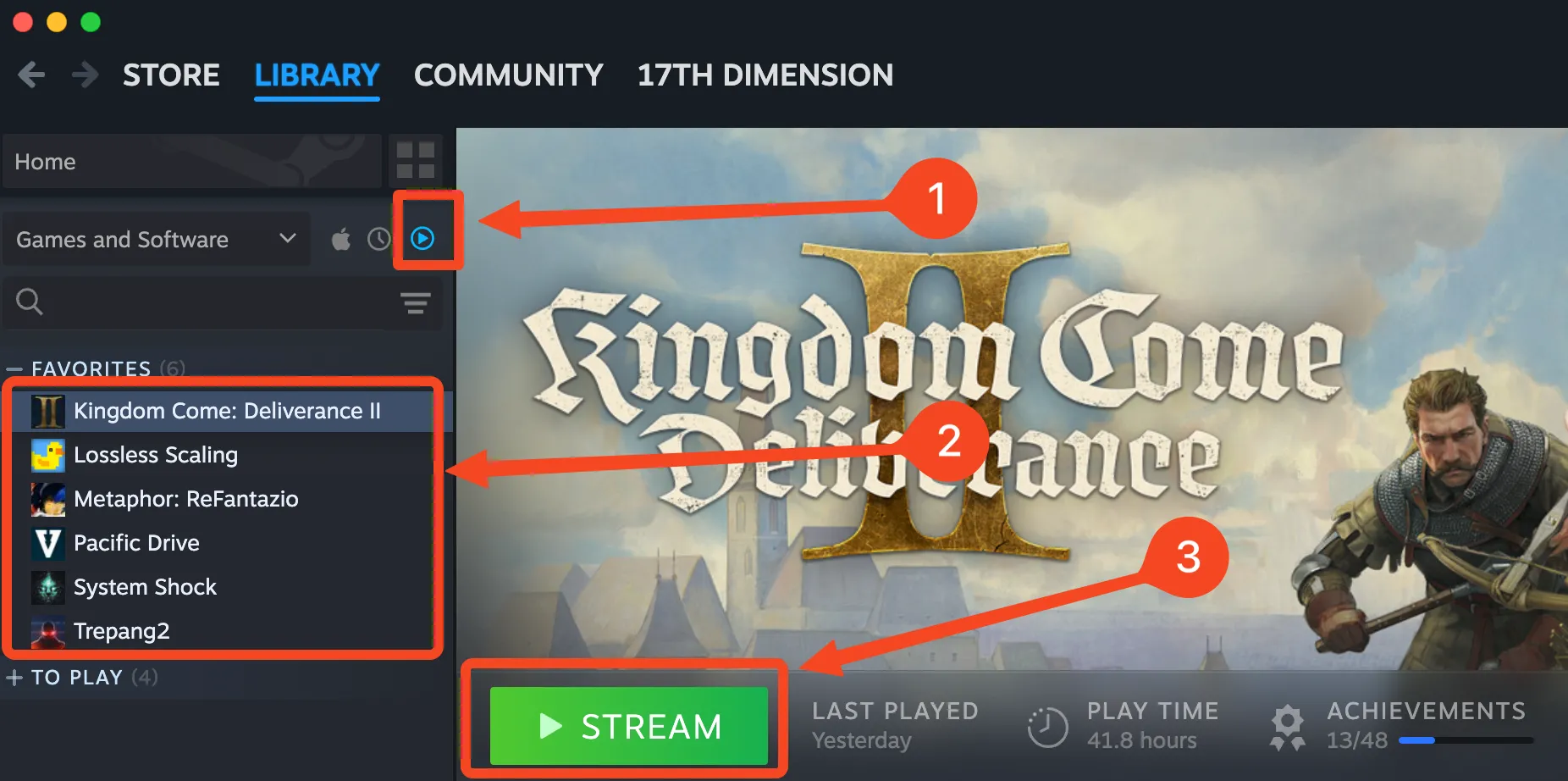 Giao diện thư viện game Steam trên Mac, hiển thị game Kingdom Come Deliverance 2 sẵn sàng để stream.