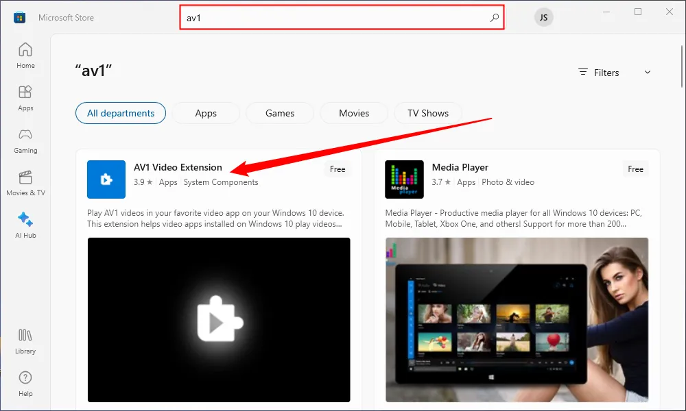 Giao diện tiện ích mở rộng AV1 Video Extension trong Microsoft Store, hỗ trợ xem hình ảnh và video AVIF trên Windows.