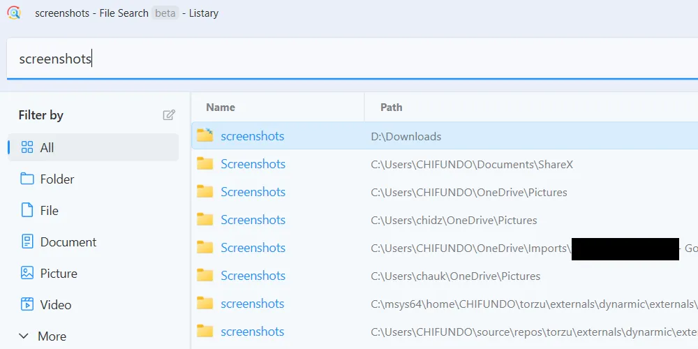 Giao diện tìm kiếm nhanh và hiển thị kết quả tức thời của Listary trong File Explorer