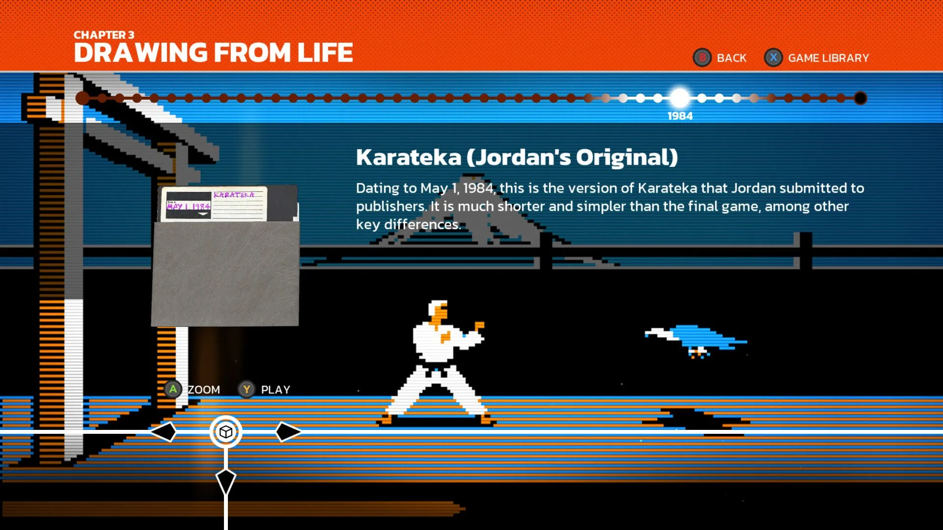 Giao diện timeline tương tác trong The Making of Karateka, hiển thị một bản thử nghiệm (prototype) của game.