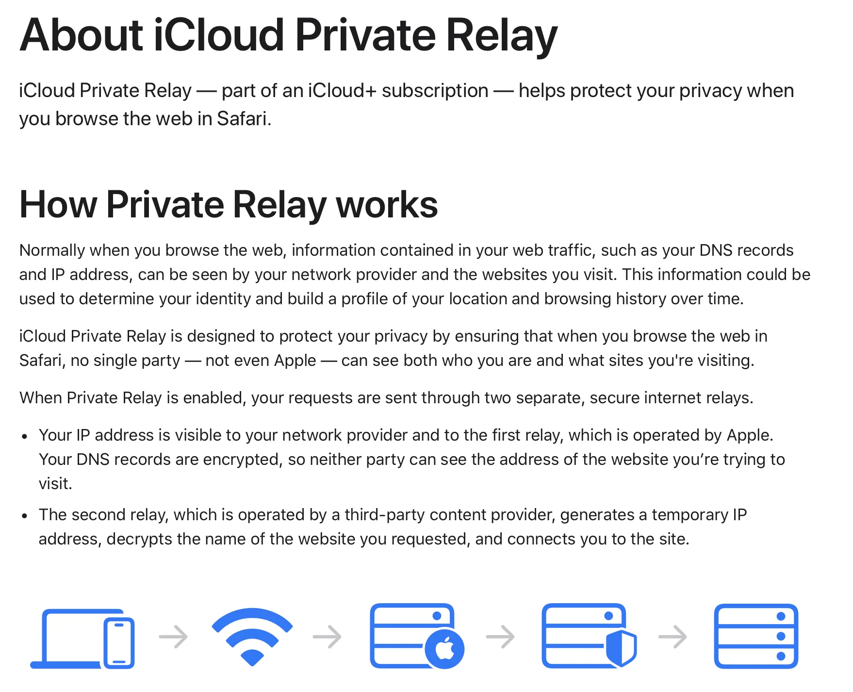Giao diện trang web Apple mô tả chi tiết cơ chế hoạt động của Private Relay, dịch vụ tăng cường quyền riêng tư trong iCloud+.