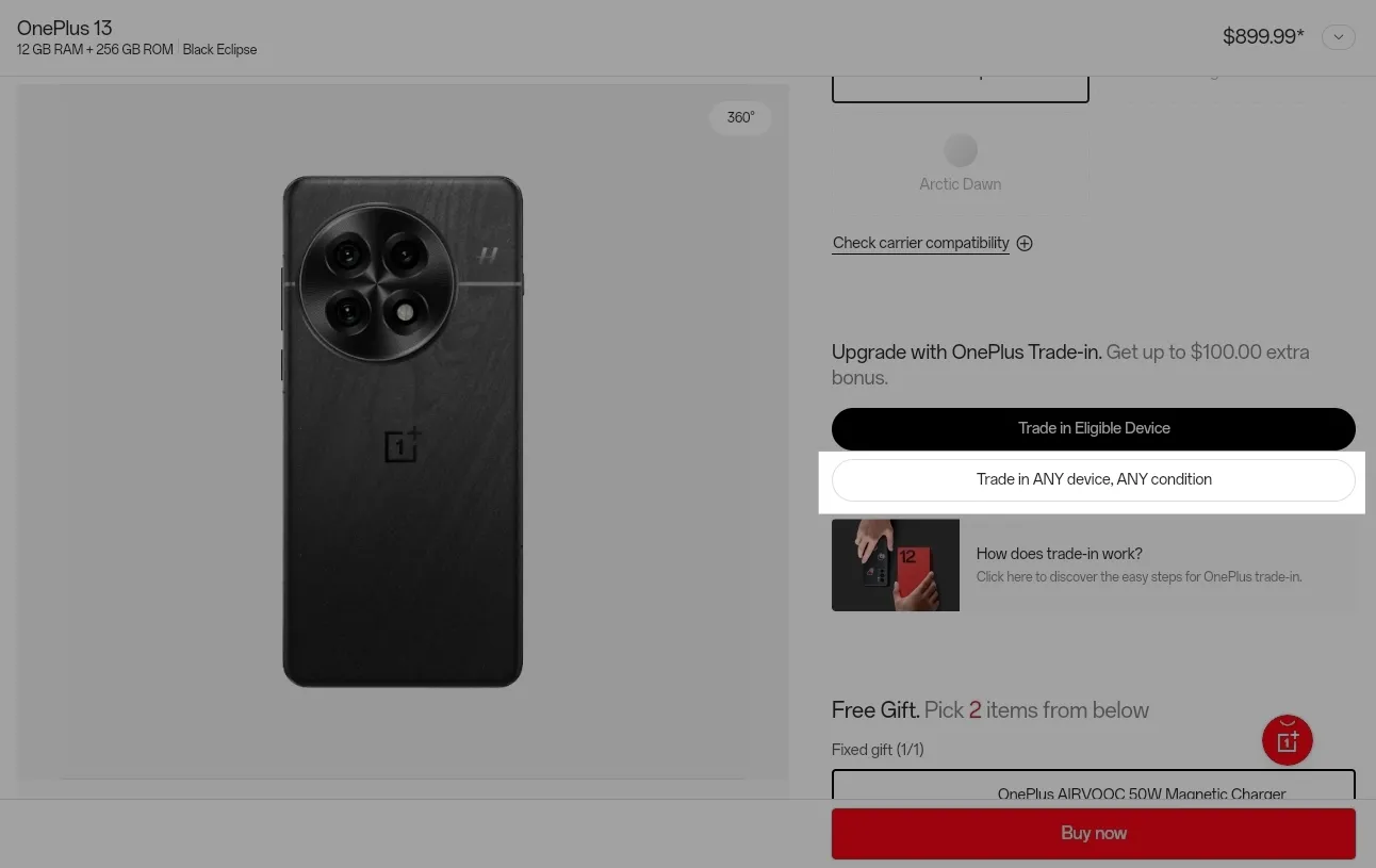 Giao diện trang web OnePlus hiển thị chương trình 'Trade-in Any Phone, Any Condition', quảng cáo ưu đãi đổi điện thoại cũ lấy mới không phân biệt tình trạng thiết bị.