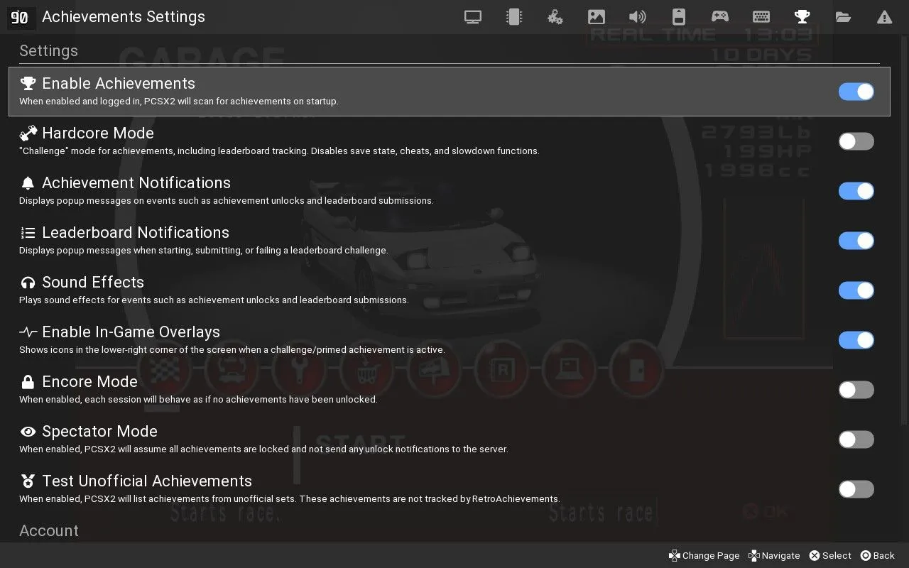 Giao diện trình giả lập PCSX2 với tùy chọn hỗ trợ RetroAchievements được bật, hiển thị khả năng tích hợp thành tích vào game cũ