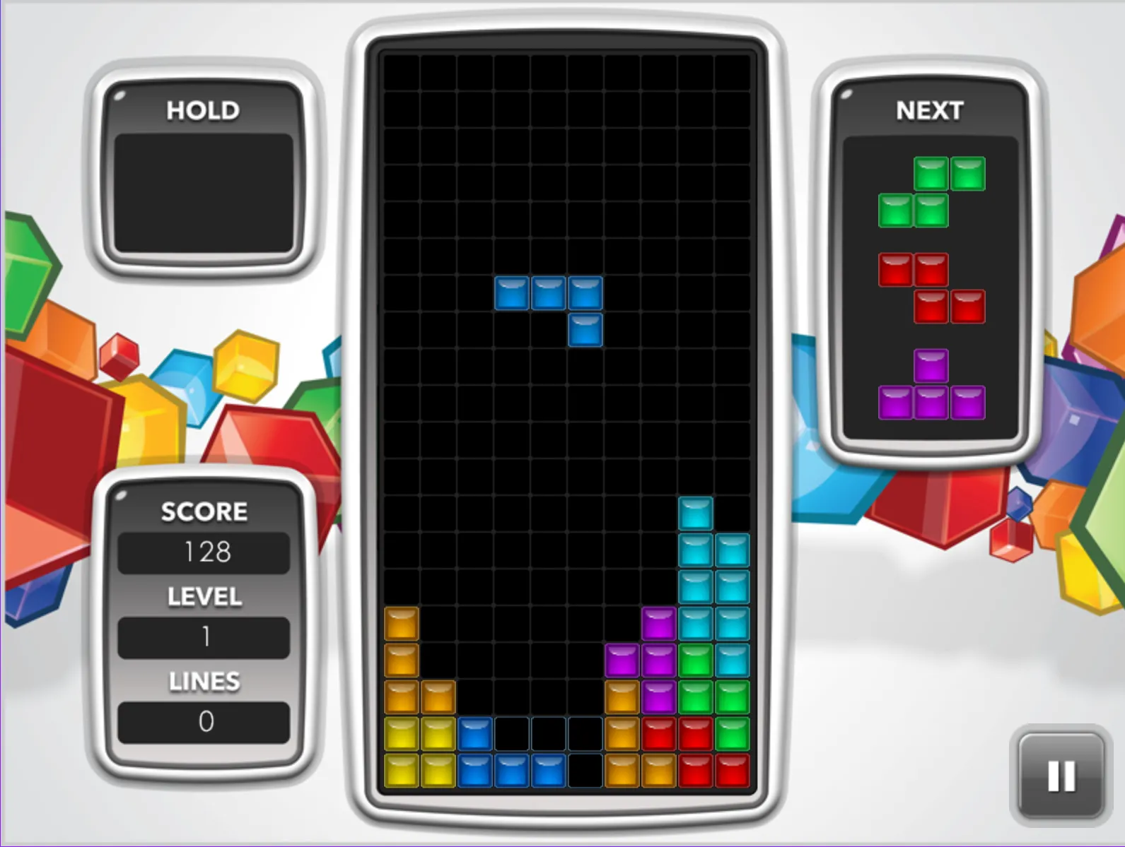 Giao diện trò chơi Tetris chính thức trên trình duyệt, hiển thị các khối gạch đang rơi xuống và xếp hình trong một màn chơi cổ điển, gợi nhớ về tựa game giải đố nổi tiếng.