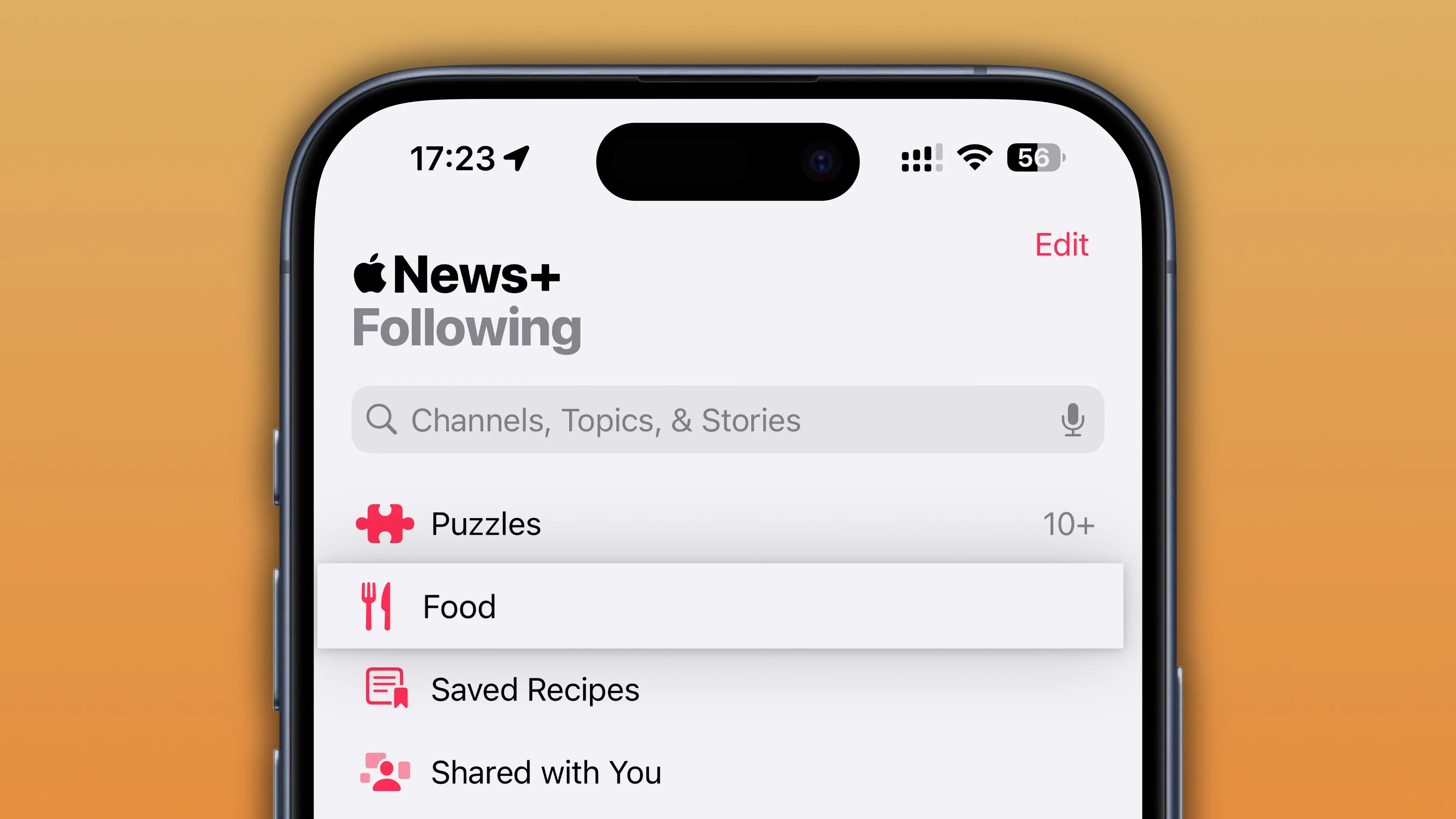 Giao diện ứng dụng Apple News hiển thị mục Food đã chọn trong tab Following trên iOS 18.4