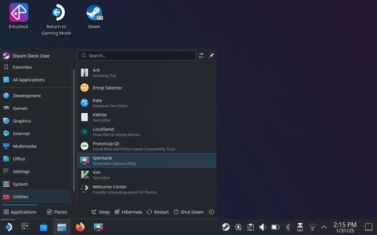 Giao diện ứng dụng Spectacle chụp ảnh màn hình trên SteamOS Desktop Mode
