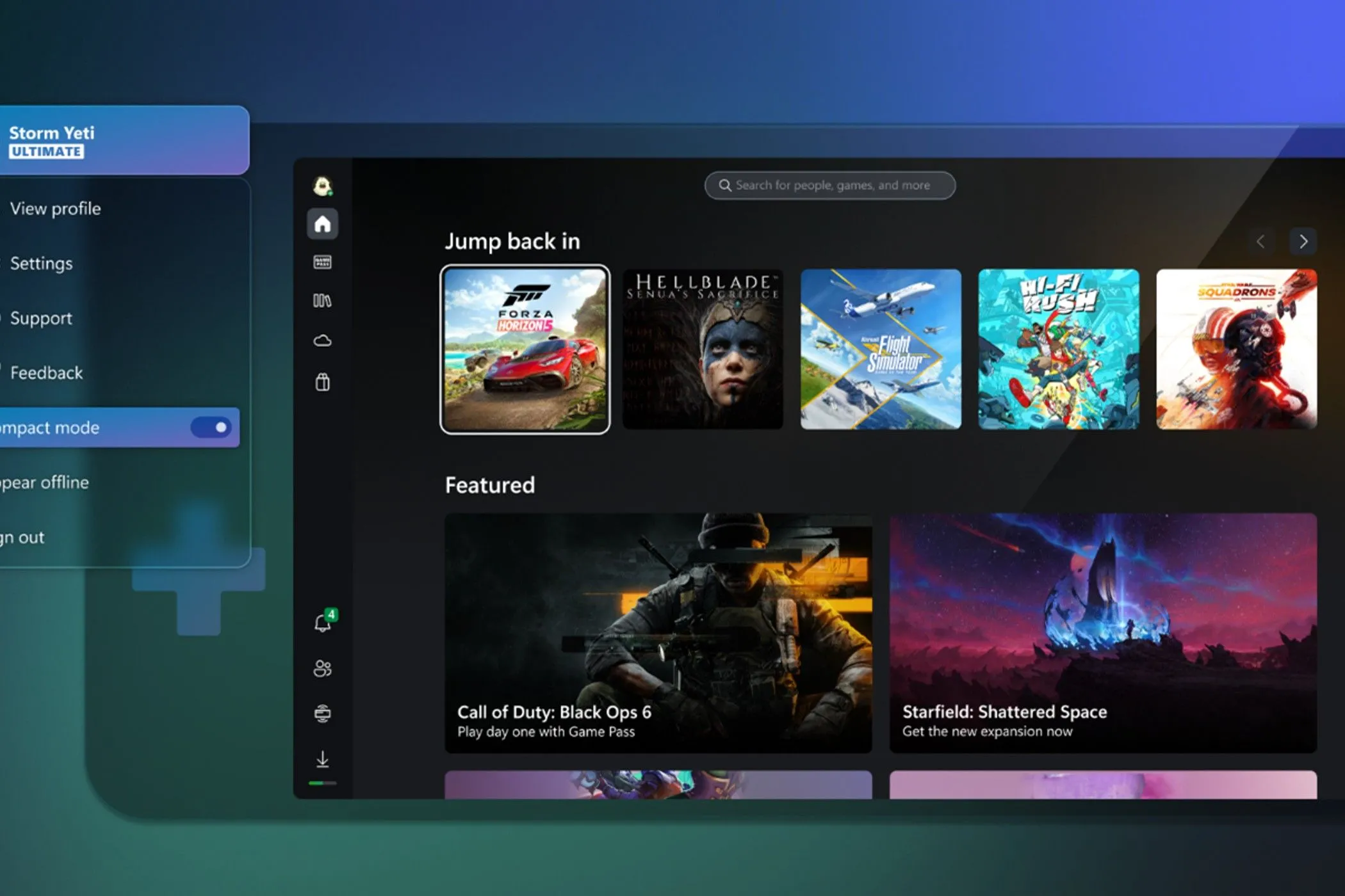 Giao diện ứng dụng Xbox trên PC, hiển thị các tựa game như Call of Duty Black Ops 6, gợi nhớ đến tính năng Quick Resume trên Xbox Series