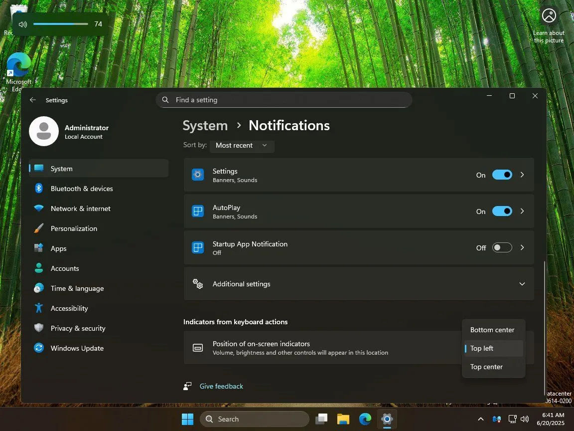 Giao diện Windows 11 hiển thị thanh thông báo âm lượng và độ sáng được tùy chỉnh vị trí ở góc trên bên trái màn hình, minh họa tính năng mới sắp ra mắt trong bản cập nhật 25H2.