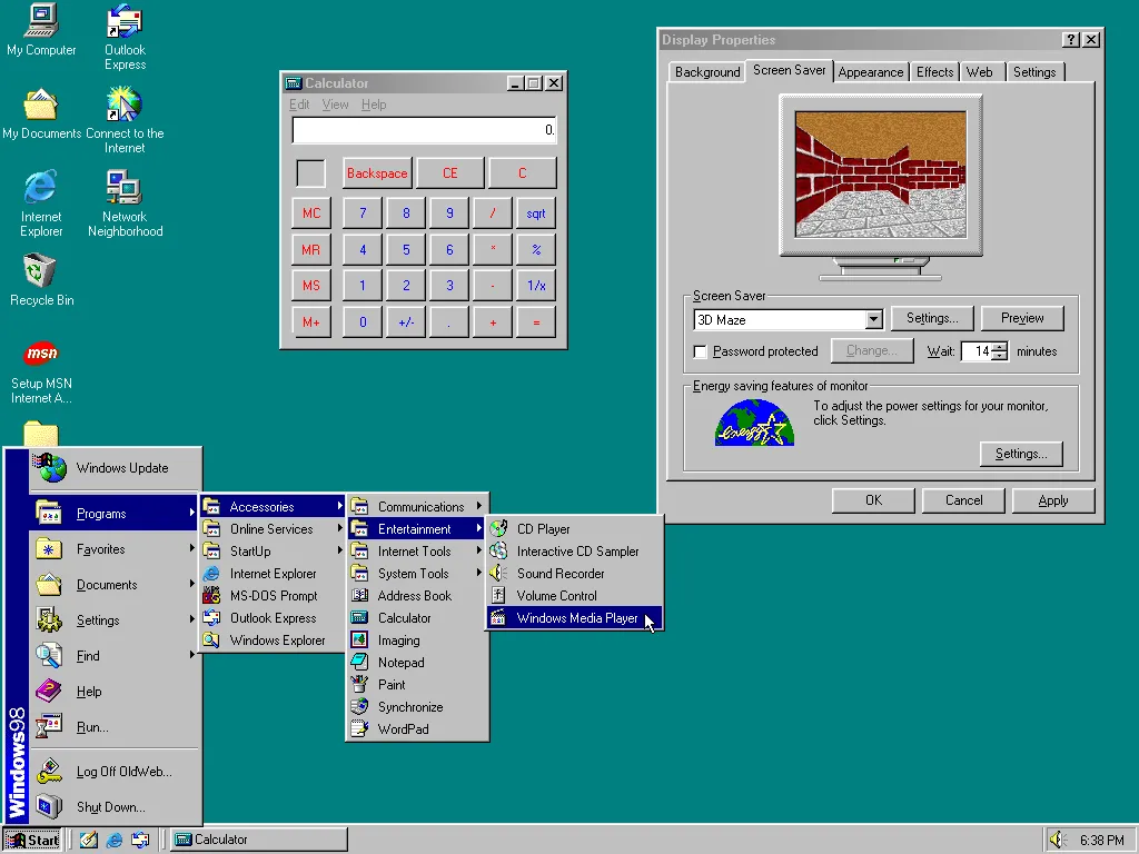 Giao diện Windows 98, hệ điều hành lý tưởng cho việc chơi game PC cổ điển.