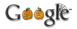 Google Doodle hoạt hình cho Halloween năm 2000 với quả bí ngô phát sáng và nhện treo